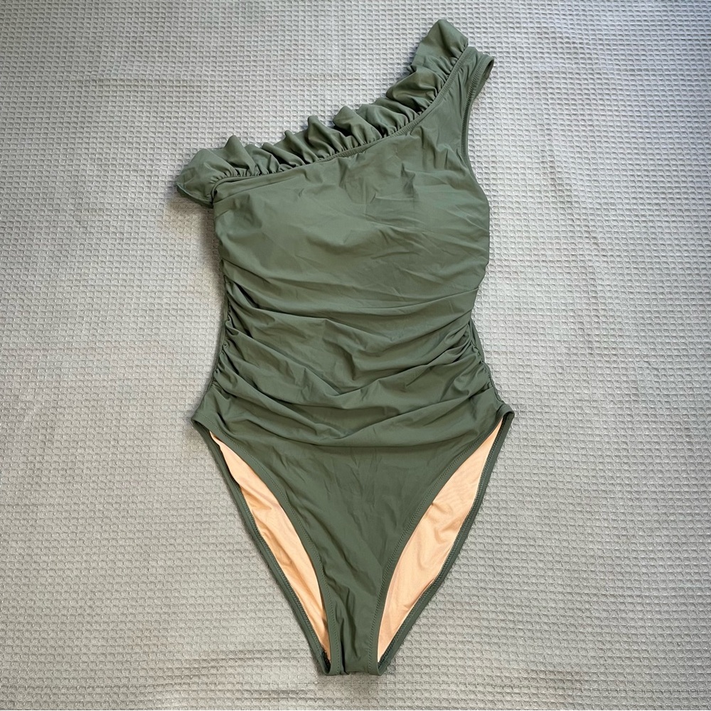 J.Crew Ruffle One Shoulder One Piece Swimsuit 12 Womens Matte Olive Green
